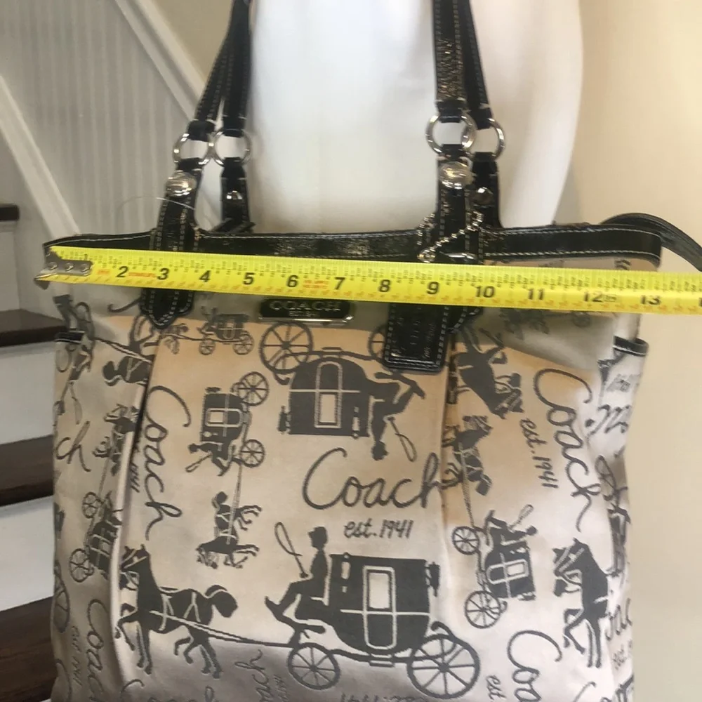 COACH Vintage Horse & Carriage Tan Satin Shoulder Bag  Black Leather Straps